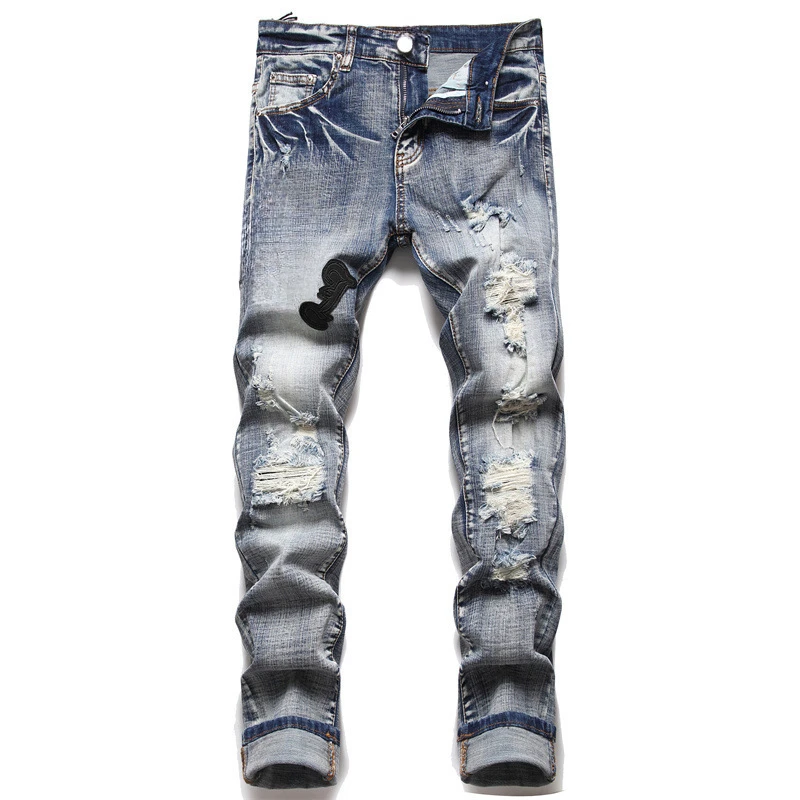 

Джинсы мужские потертые из денима, модель 2024 года, сезон весна-лето, ярко-синие хлопковые рваные зауженные джинсы на пуговицах в Повседневном Уличном Стиле