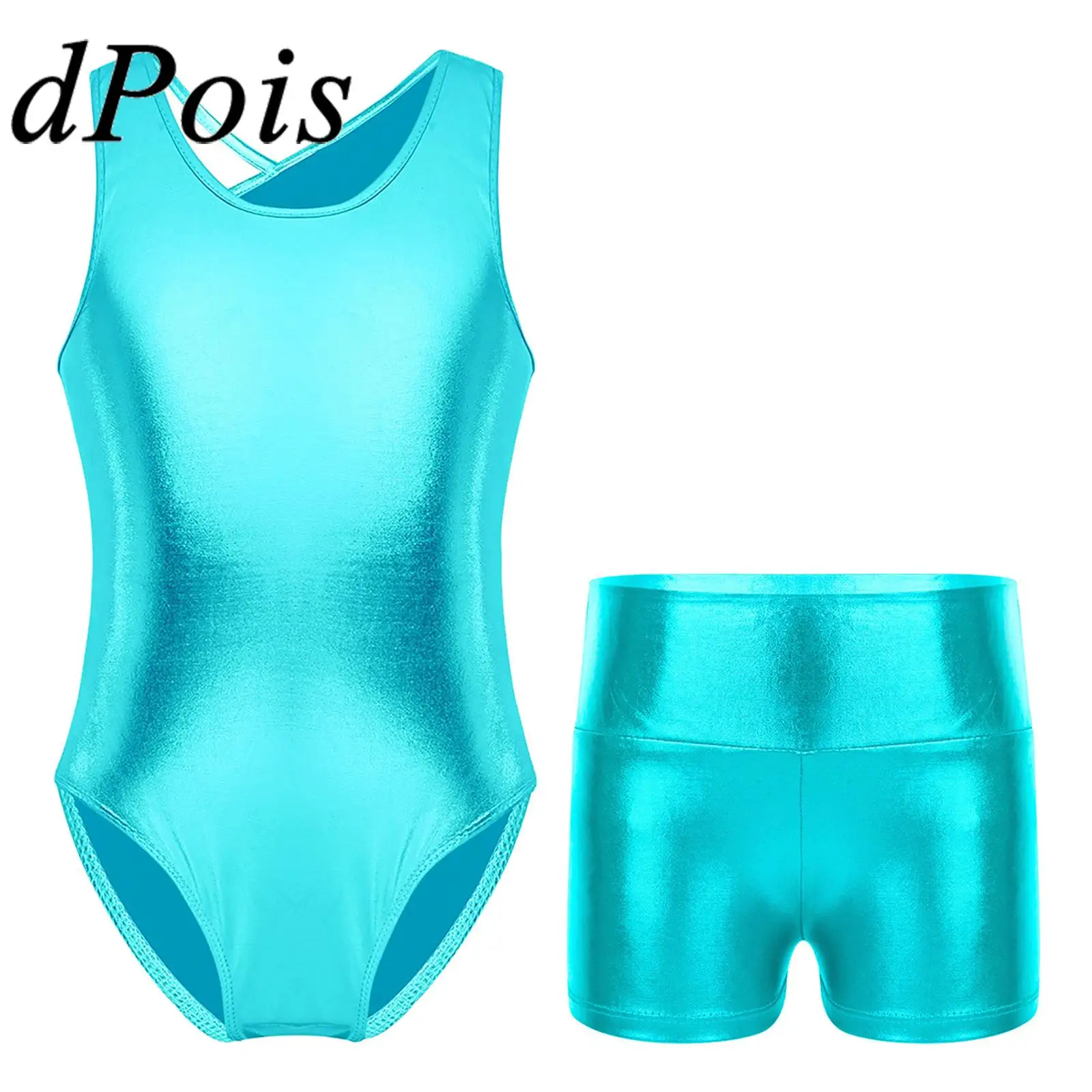 

Ballet Dance Outfits Kids Girls Sleeveless Gymnastics Leotard Jumpsuit with Shorts Children Shiny Metallic Skating Bodysuits