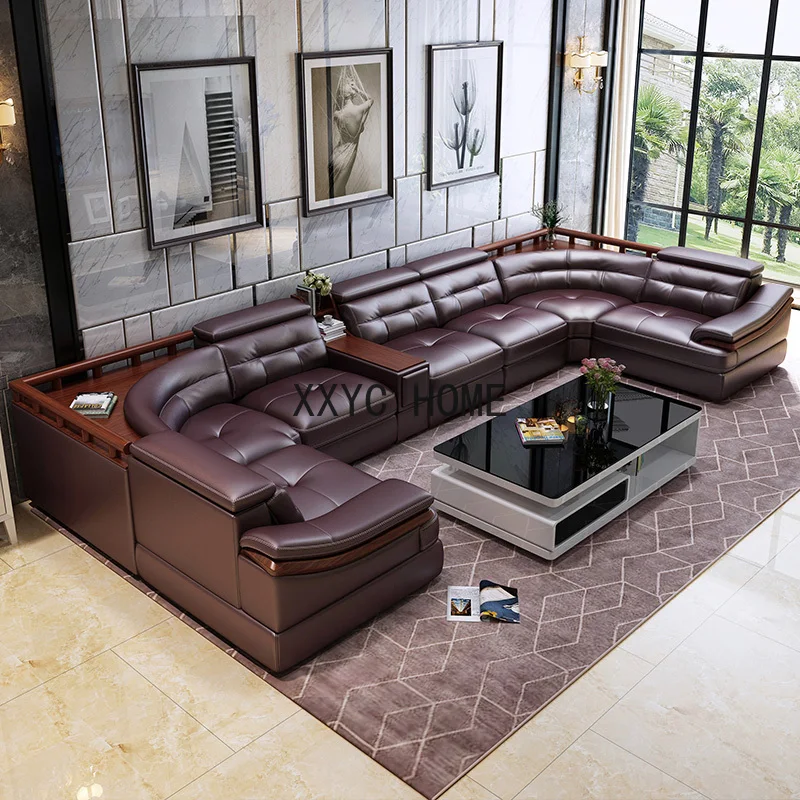 

Sofá de cuero en forma de U para sala de estar, combinación simple y moderna, esquina, grande y familiar