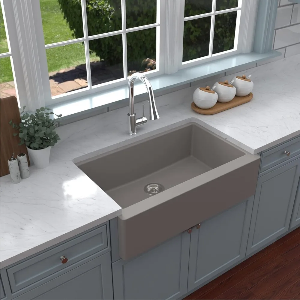 Grey kitchen sink Farmhouse/Apron-Front Quartz Composite 34 in. Single Bowl Kitchen Sink in Grey 5