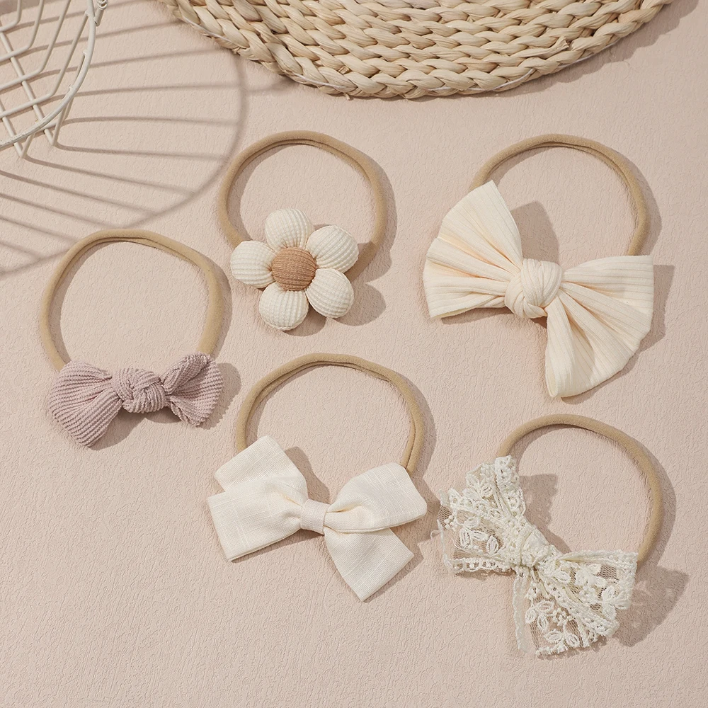 Baby Headband Set - 5Pcs Elastic Apricot Flower Bow Nylon Hair Accessories for Infants and Toddlers
