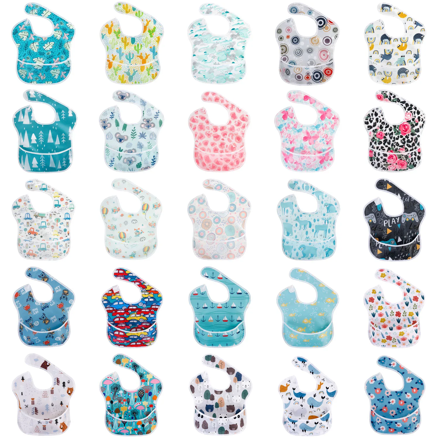 Baby Bibs 100% Polyester TPU Coating Feeding Bibs Washable Baby Bibs with Food Catcher for Baby Girls & Boys Waterproof Bibs baby accessories drawing	 Baby Accessories