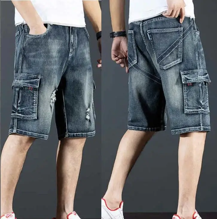 Men Loose Baggy Jeans Shorts Long 3/4 Capri Cargo Shorts Pocket Bermuda Male Multi-Pocket Denim