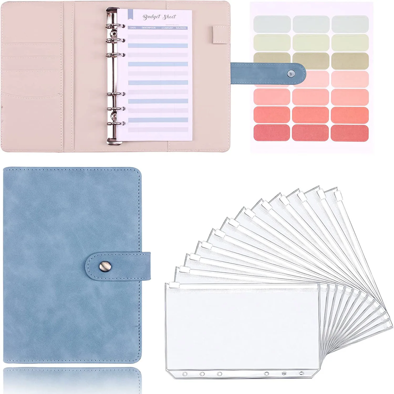 

A6 PU Leather Budget Binder Money Organizer with 12PCS Clear Zipper Cash Envelopes, 12PCS Budget Sheets, 21PCS Color Labels