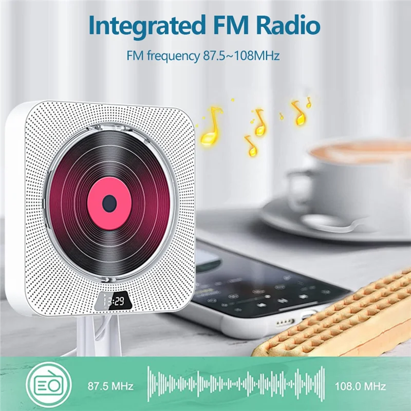 CD Player Wall Mounted FM Radio Bluetooth USB Disk Portable Portable Music Player Remote Control Stereo Speaker-US