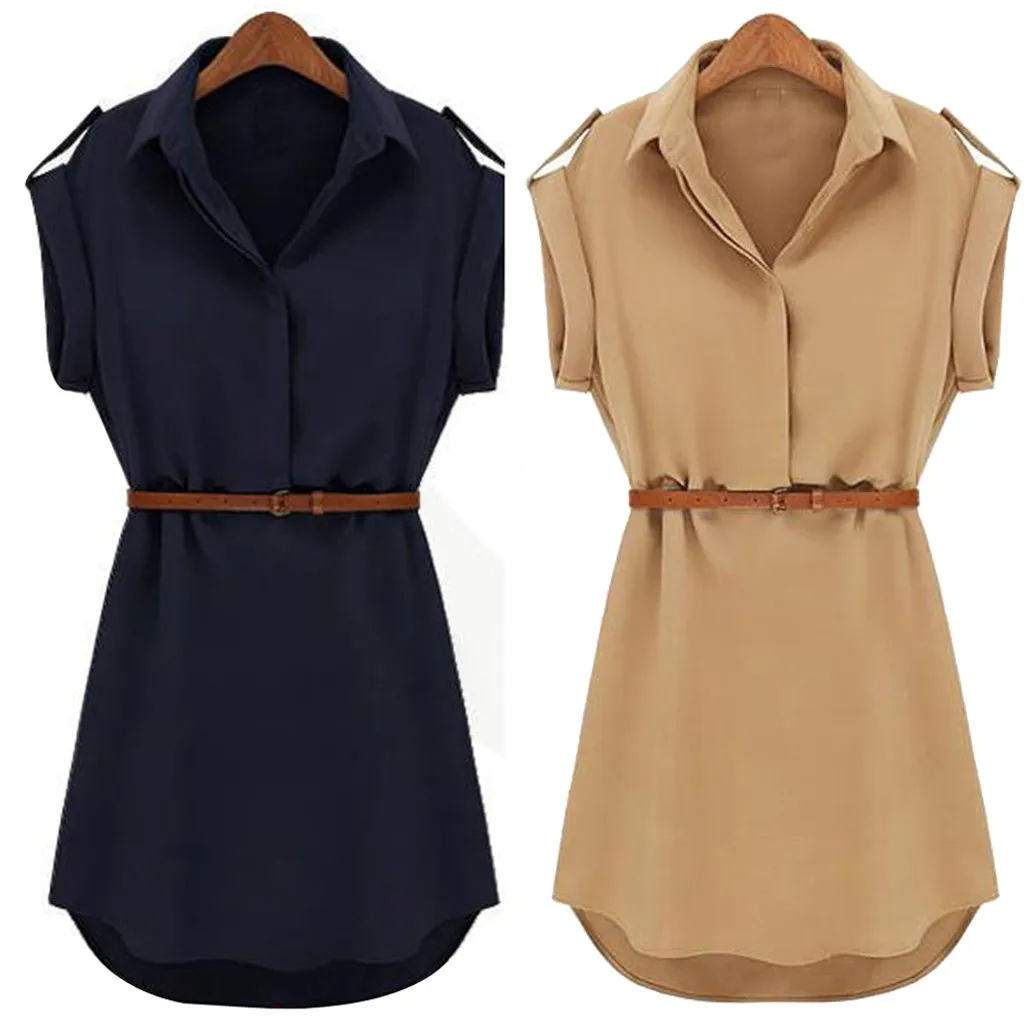 Traf Women 2024 Casual Summer Loose Short Sleeve Dress With Belt - Front View