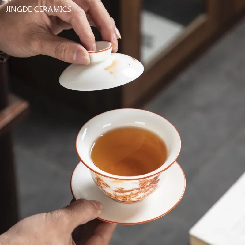 White Fat Jade Ceramic Teacup Sancai Gaiwan with Lid Tea Infuser Chinese Porcelain Tea Set Handmade White Porcelain Teabowl