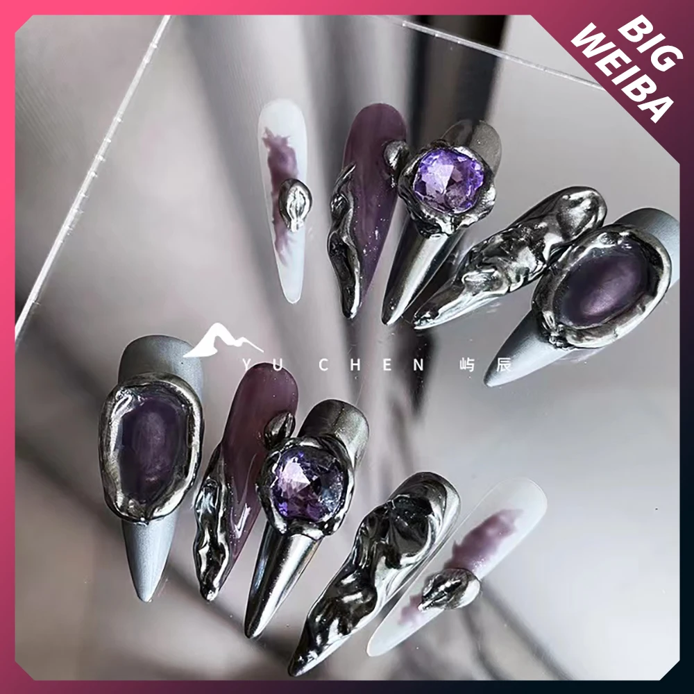

Handwork Customize Y2K Metal Long False Nails Press On Reusable Detachable Fake Nails Art Tips America French Fashion Nails