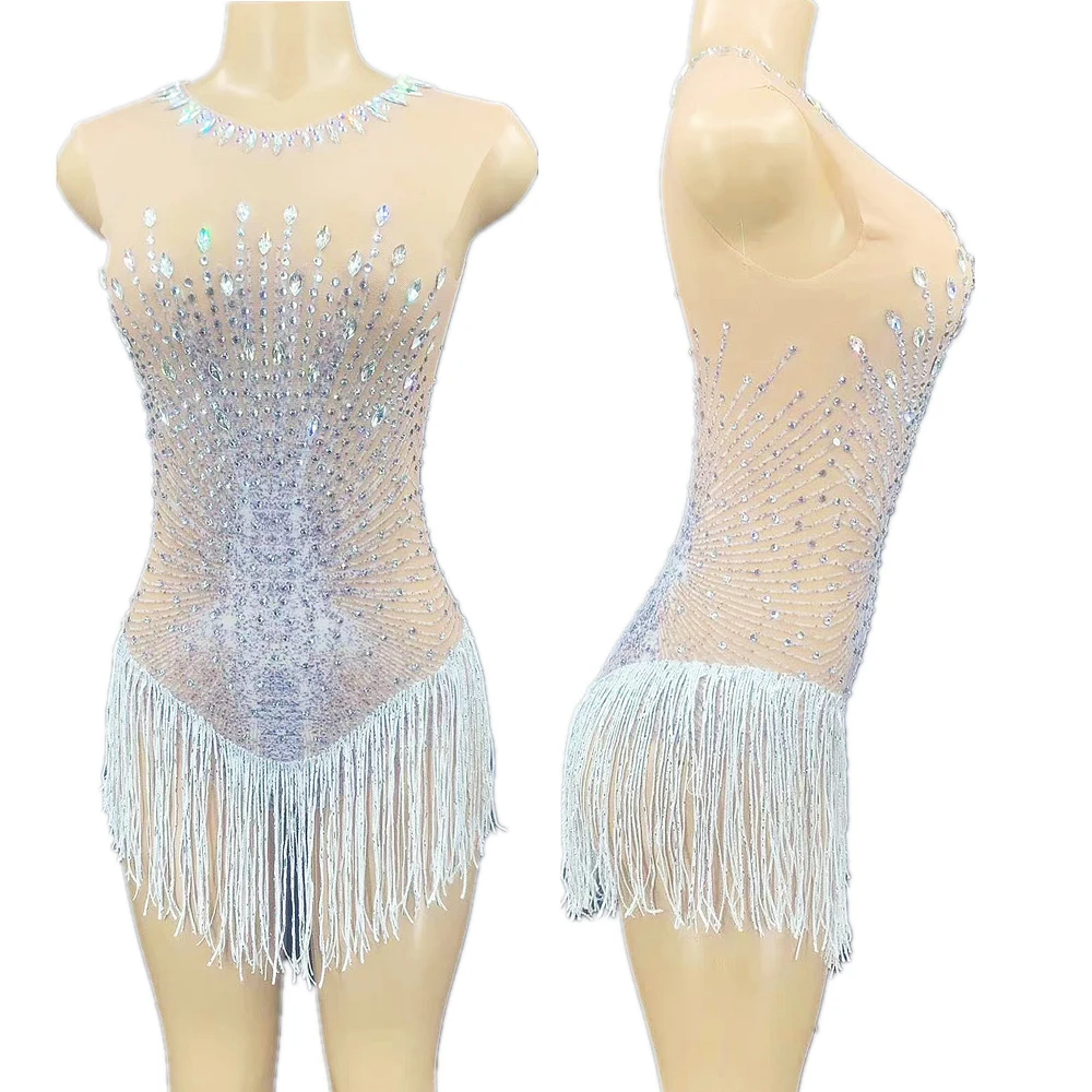 Nude Shining Crystal Rhinestones Tassel Sexy Sleeveless Bodysuits For Women Nightclub DJ Prom Stage Singer Drag Queen Costumes