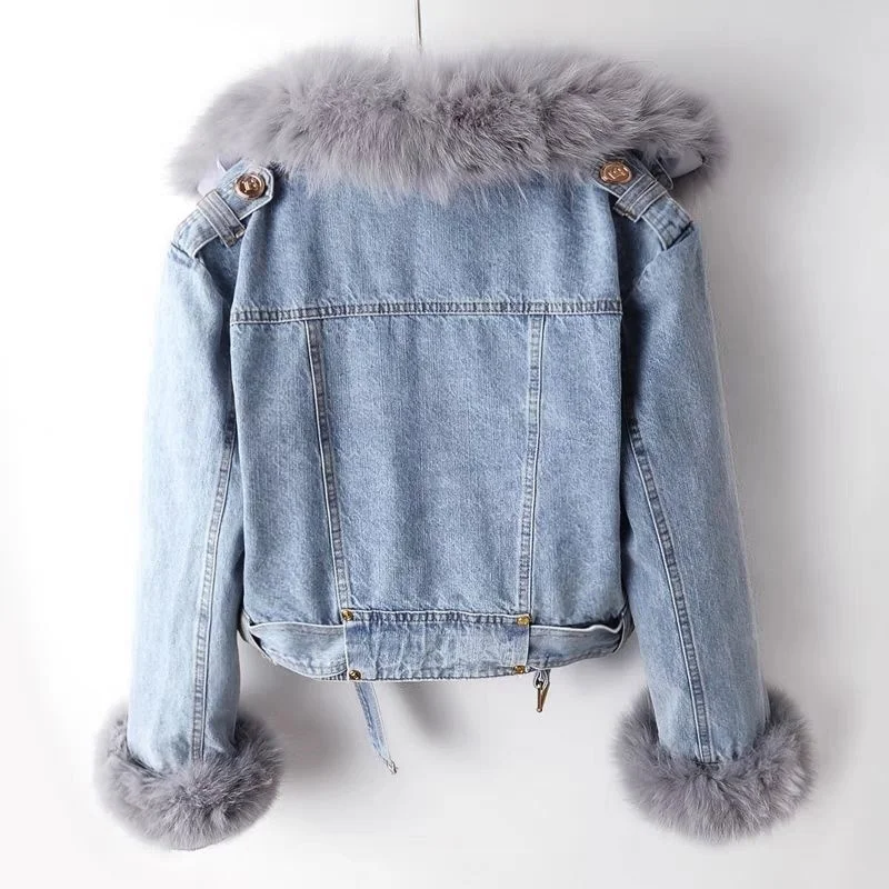 Thick Imitation Fox Fur Grass Patchwork Women's 2025 New Autumn And Winter Fur Coat Denim Jacket Lamb Wool LinerJacket For Women