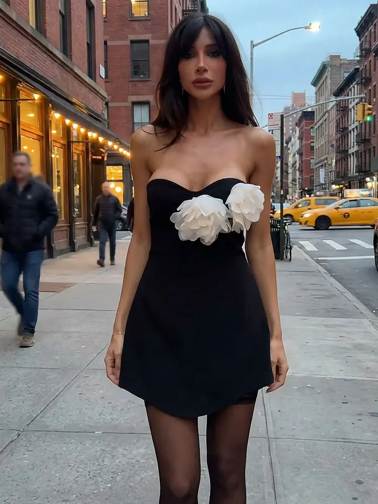 HH Women Fashion 3D Flowers Mini Dress Slim Off Shoulder Sleeveless Strapless Dresses Y2K Elegant Woman Sexy Party Evening Dress