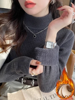 جديد الشتاء الياقة المدورة سترة تريكو المرأة أنيقة رشاقته المخملية اصطف البلوزات الدافئة بلوفر مغزول سليم القمم جيرسي البلوز