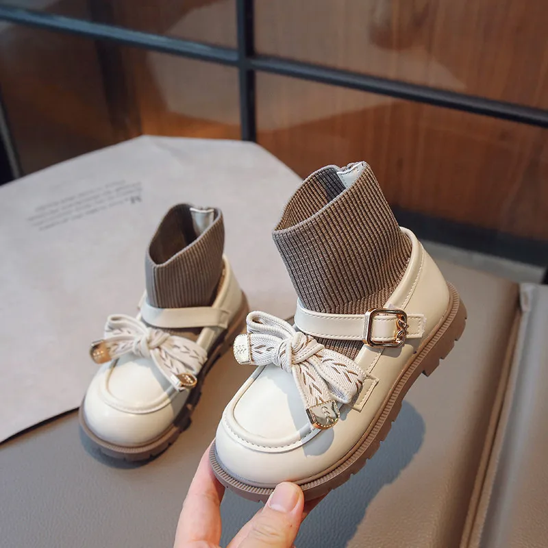 

Носки для девочек, ботильоны, осень 2023, Детская вязаная обувь из искусственной кожи с бантом и петлей, Детская Нескользящая повседневная обувь, 26-36, бесплатная доставка