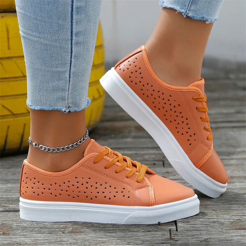 Women's Cutout Sneakers Summer New Lace-up White Shoes Plus Size