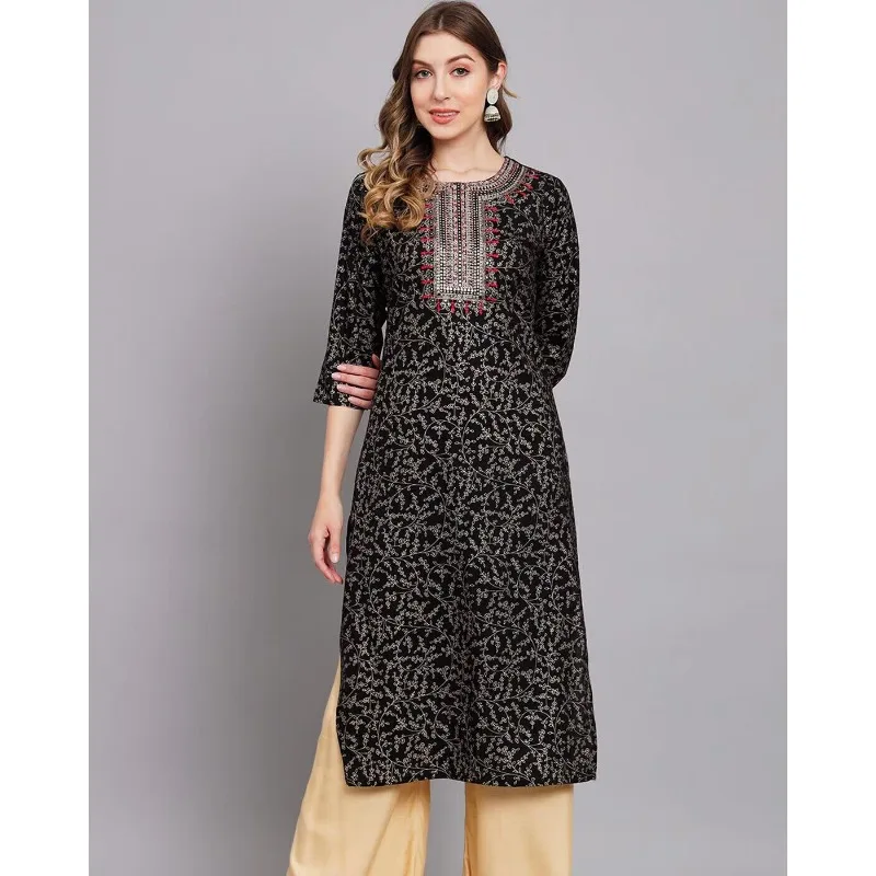 

Indian Women Ethnic Motifs Black Printed Thread Work Kurta Kurti Top Tunic Dress