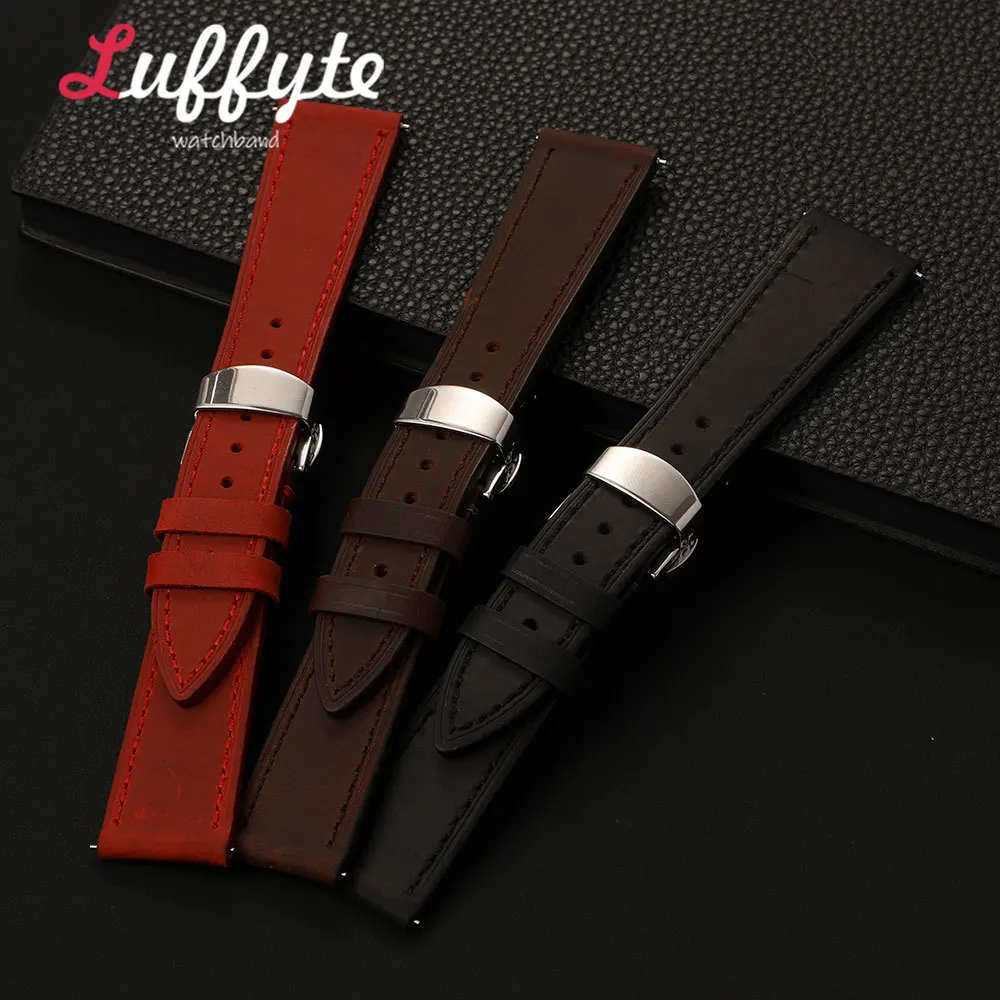Men's Vintage Crazy Horse Leather Watch Band with Butterfly Buckle
