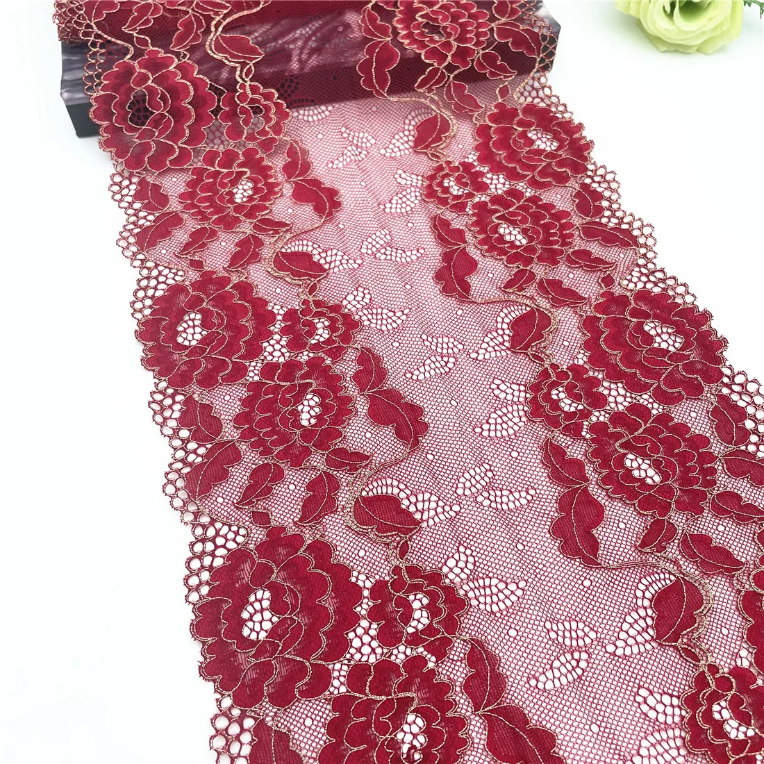3y/lot Width 23cm Red With Golden Elastic Stretch Lace Trim 1