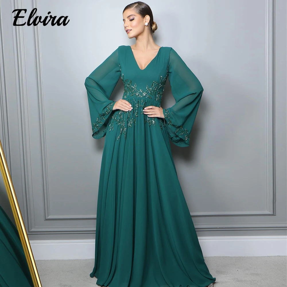 

Prom Dress Elegant Dark Green V Neck Long Sleeves Evening 2023 A Line Chiffon Appliques Wedding Party for Woman