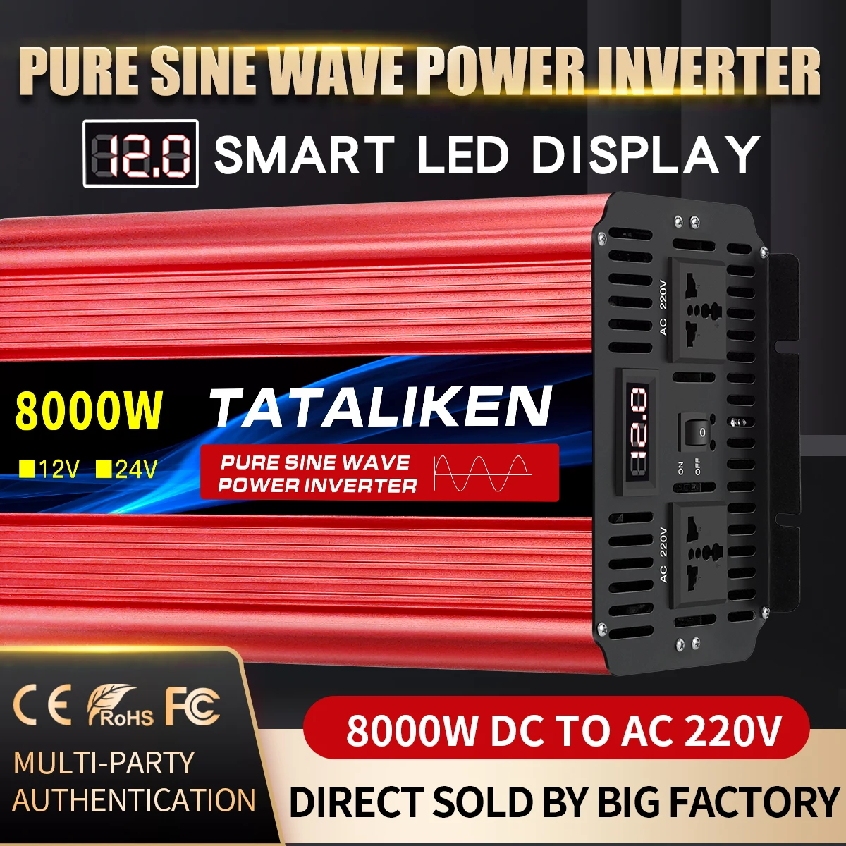 Inverter Pure Sine Wave DC12V 24V To AC 220V Voltage 50/60HZ 3500W ...