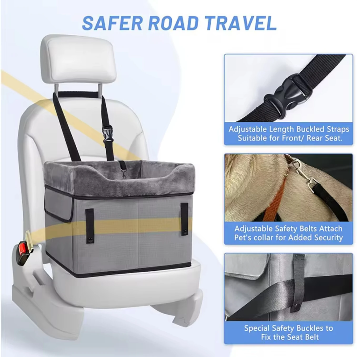 Pet Portable Elevated Lookout Dog Car Booster Seat Travel Carrier Bed with Safety Leash Small Dogs Cats