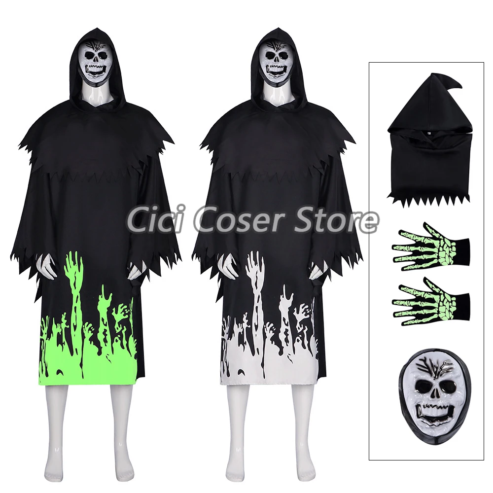 

Kids Adults Halloween Costume Death Cosplay Luminous Black Cloak Horror Ghost Mask Fancy Party Carnival Roleplay Outfits Props