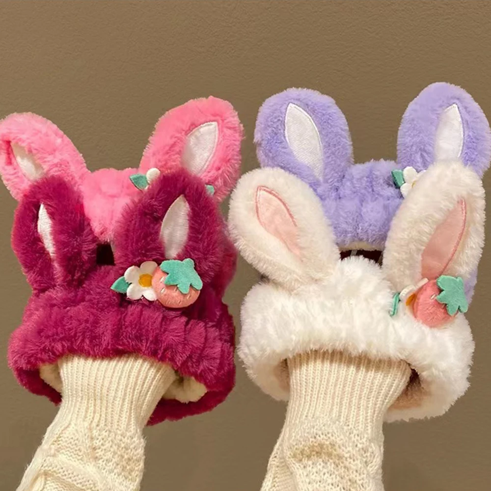 

Plush Strawberry Rabbit Ear Headband Warm Pink Furry Hairband Wash Hair Hoop Furry Flower Headbands Women Makeup Wash Face Band