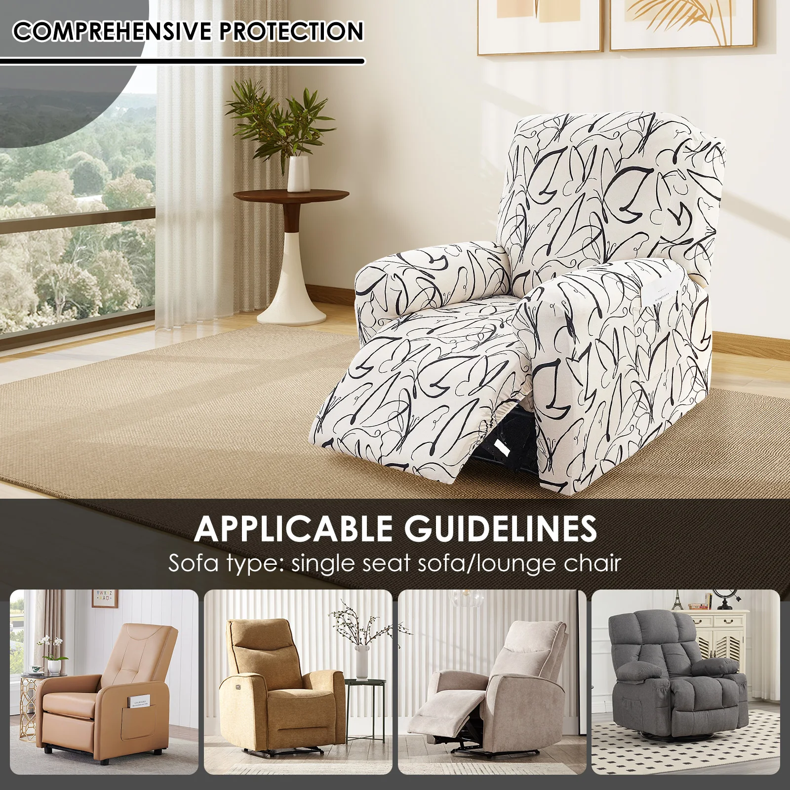 4Pcs Elastic Recliner Sofa Cover Printed Stretch Recliner Slipcovers with Side Pockets Non Slip Sofa Slipcovers for Living Room 3