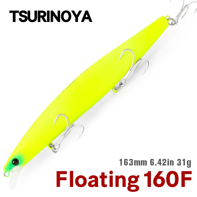 TSURINOYA-señuelo de pesca de fundición ultralarga 160F, Minnow pececillo flotante, STINGER DW110, 163mm, cebo duro para pesca mar, cebos de lubina artificial duro triple anzuelo babero señuelos para Lubina -