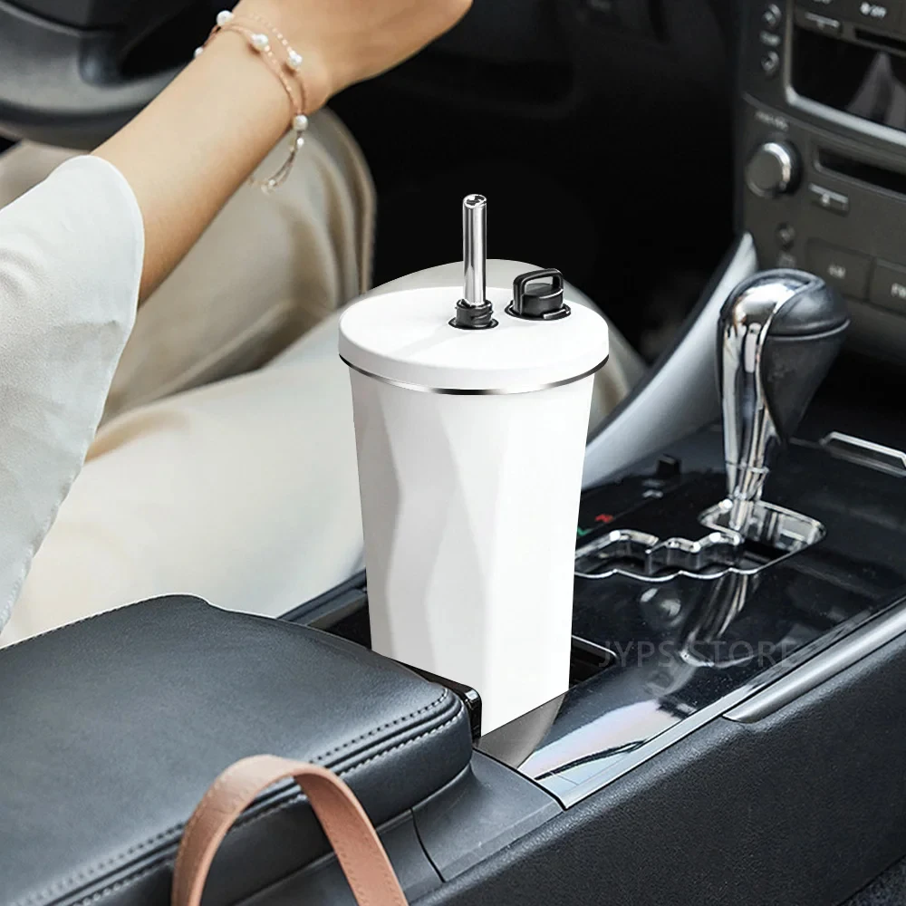 Tyeso Vacuum Insulated Coffee Cup With Straw Thermos Mug Leak-Proof 600Ml