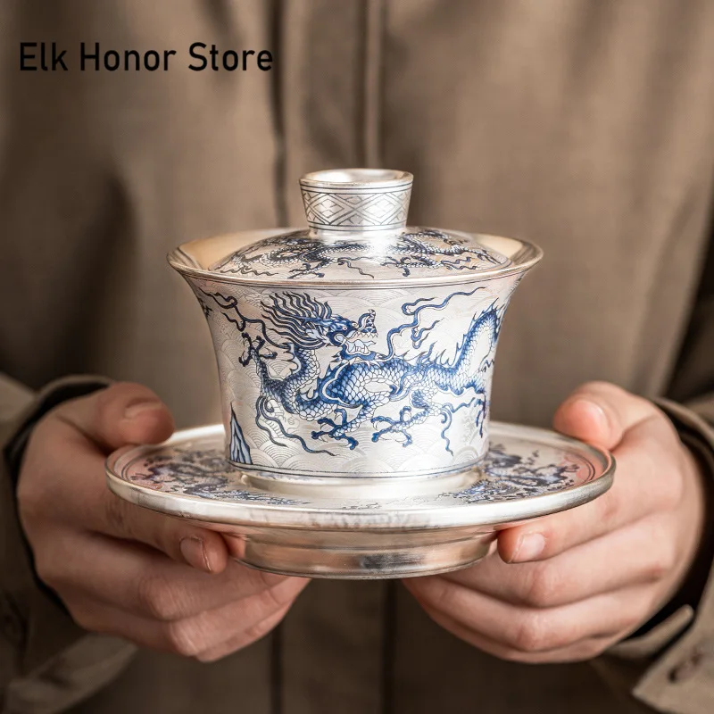 150ml Retro Silver Plated Gaiwan Blue and White Dragon Pattern Tea Tureen Household Tea Making Cover Bowl Items Collection