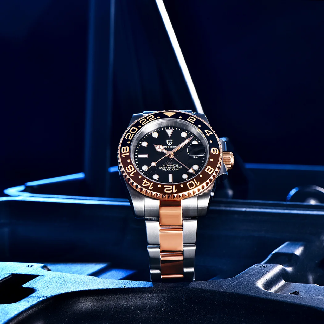Pagani Design New Rose Gold Ceramic Bezel Gmt Watch Luxury Sapphire Glass Orologio Automatico Orologio Meccanico Da Uomo In Acciaio Inossidabile