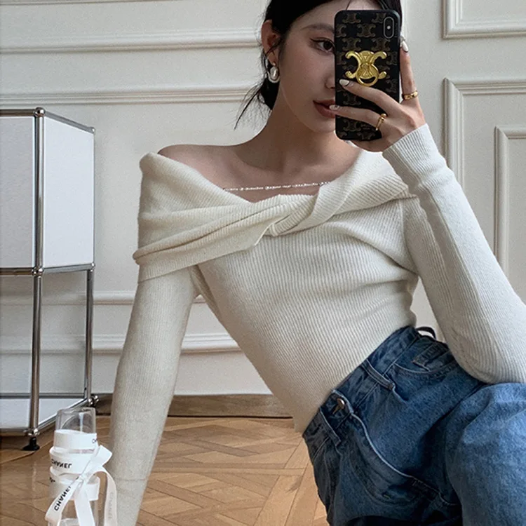 Korean Style Off Shoulder Straight Neck Pullover Sweater Women's New  Knitwear Women In Autumn And Winter - Pullovers - AliExpress
