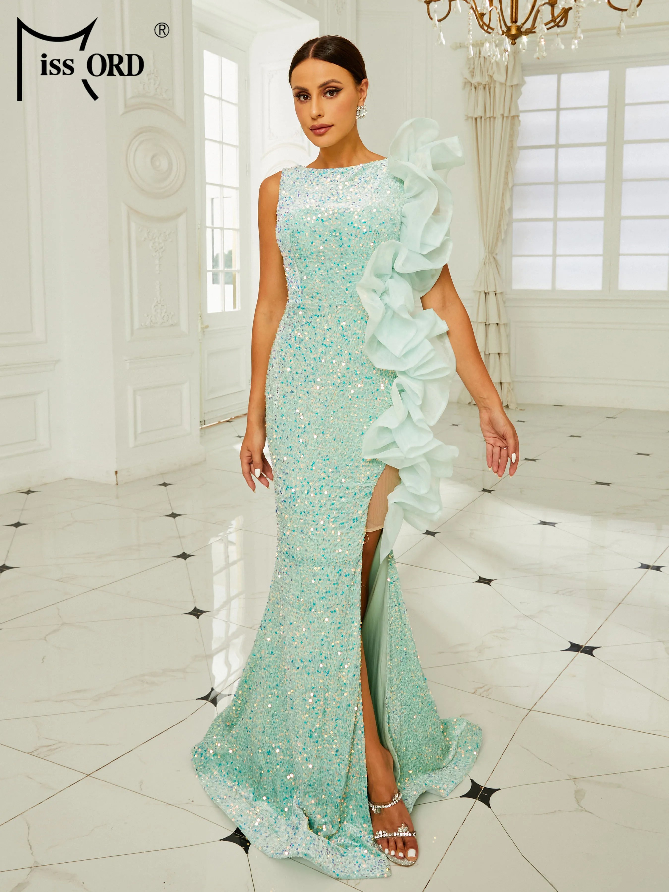 Missord 여성용 과일 그린 스팽글 인어 이브닝 원피스, 우아한 O-넥 민소매 프릴, 사이드 스플릿 바디콘 맥시 파티 무도회 가운 