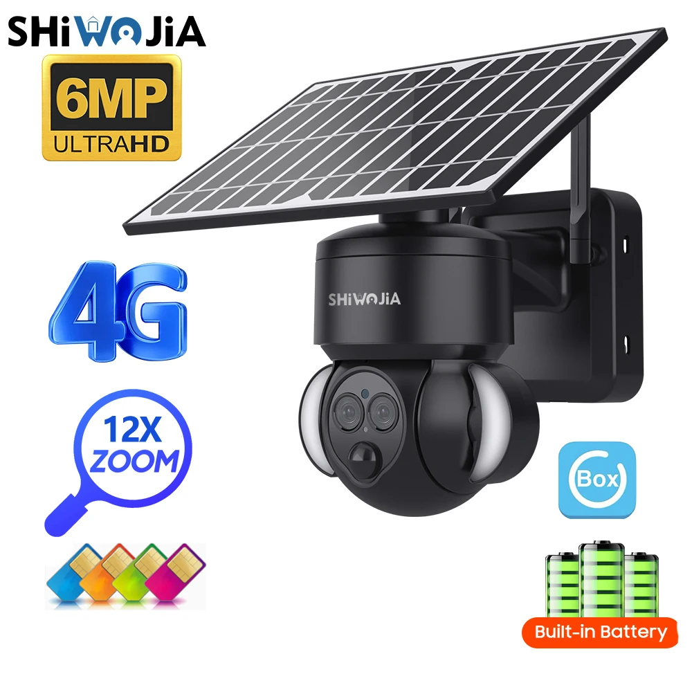 

SHIWOJIA 3K 6MP Solar Camera Outdoor WIFI/4G SIM Solar Powered Cameras 12X ZOOM Surveillance PIR Human Detection Security CCTV