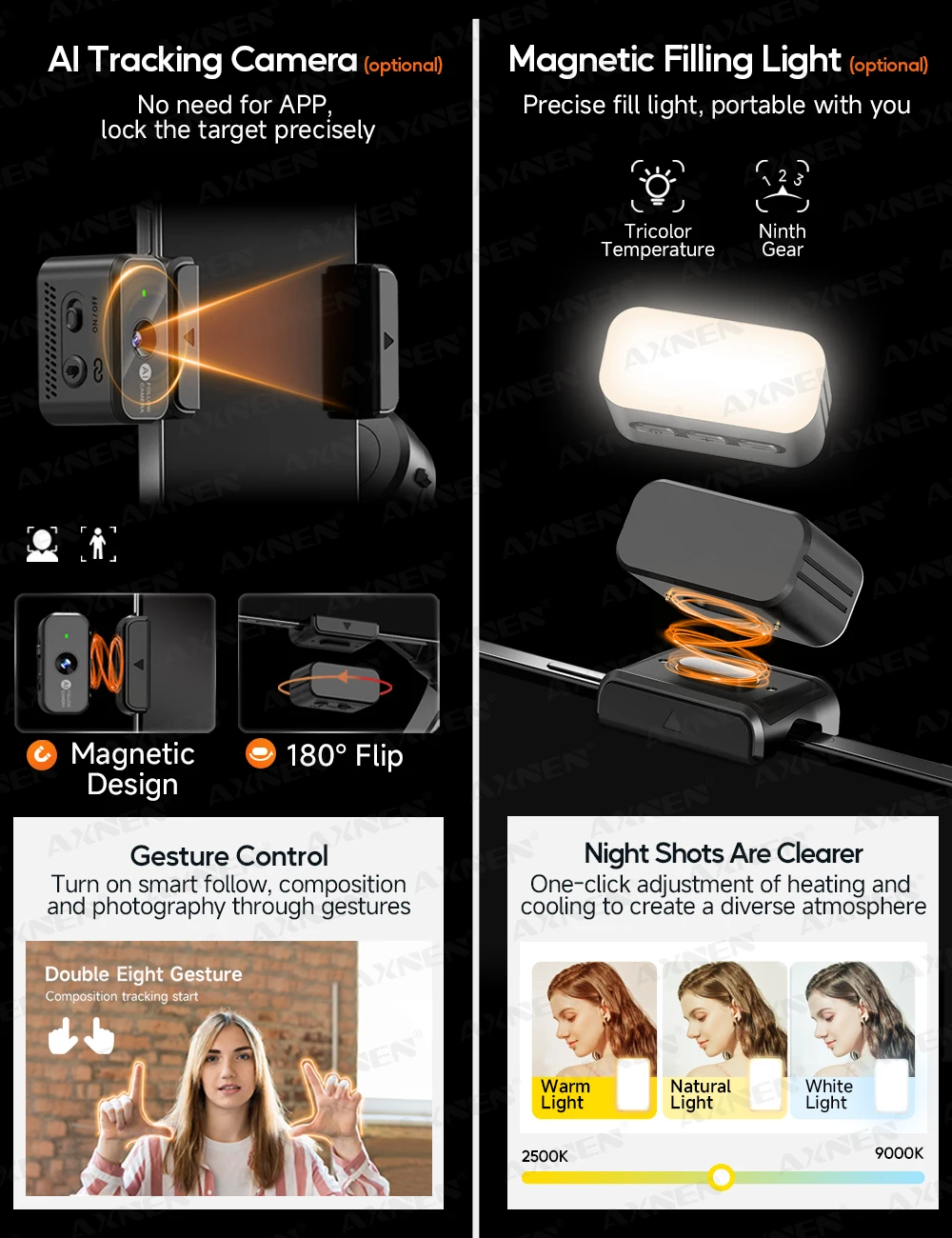 3-osiowy ręczny stabilizator gimbala z funkcją śledzenia twarzy AI, wbudowany teleskopowy pręt, smartfon, iPhone, Android, antywstrząsowy_voghion.com