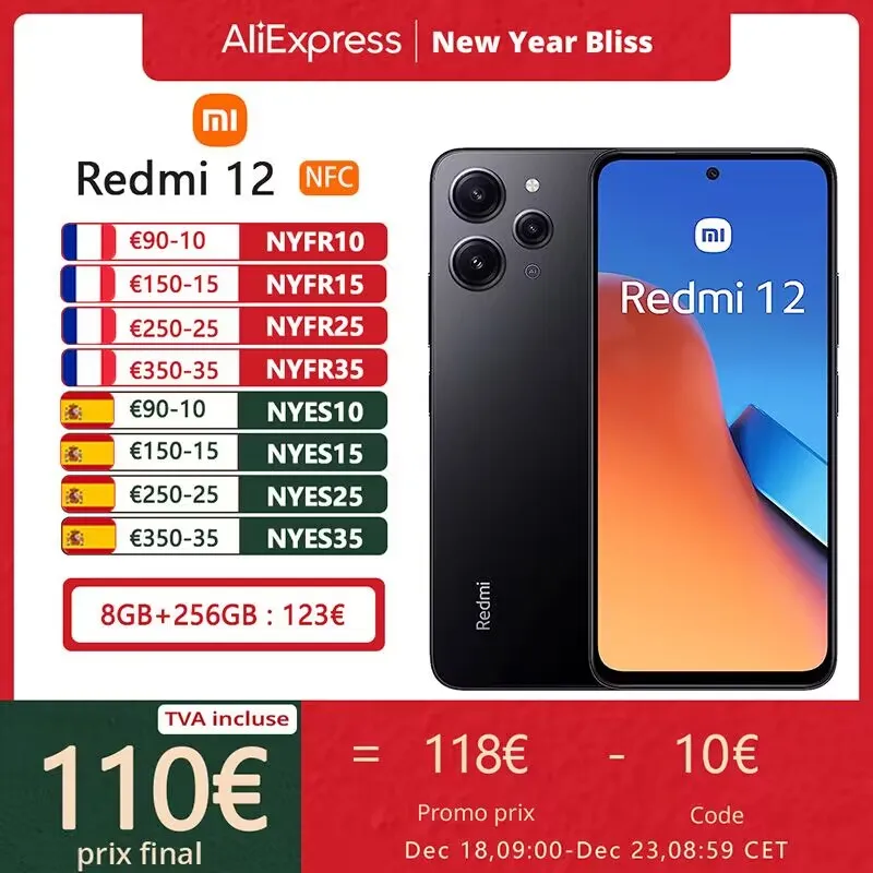 Xiaomi-smartphone Redmi 12, pantalla 6,79 FHD + 90Hz,NFC, batería de larga duración en mAh,Triple Cámara IA de 50 MP, MediaTek Helio G88, carga rápida de 18 W, edición Global