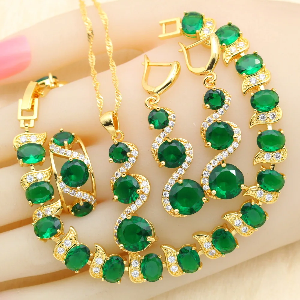 Sets Necklace Earrings Bracelet Green Ring Gold Earring Bracelet