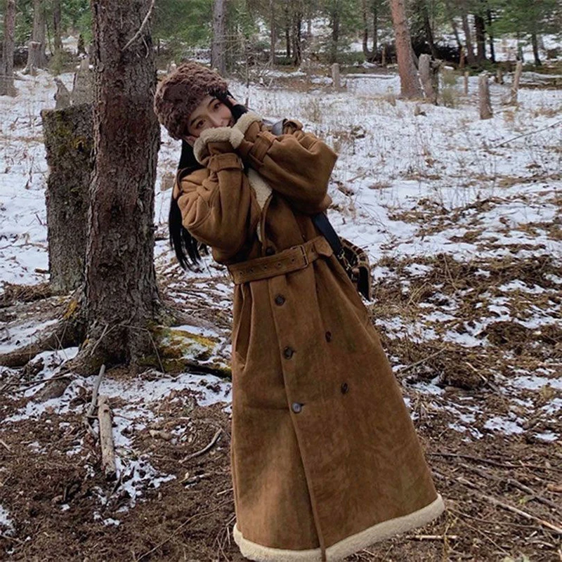 

Winter Long Brown Thick Warm Faux Sheepskin Trench Coat For Women Belt Double Breasted Faux Suede Lamb Fur Overcoat 2023 신상아우터