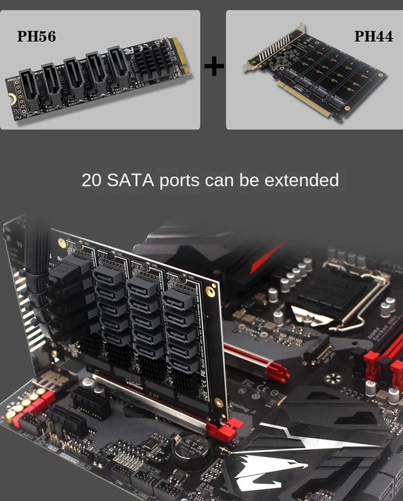 Pci-e X16 Sinal Divisão Matriz Cartão M.2 Nvme Disco Cartão Raid Expansão Pcie 16x para Sata 20-port Extended Adaptador Cartão Jmb585 Chip - Imagem 2