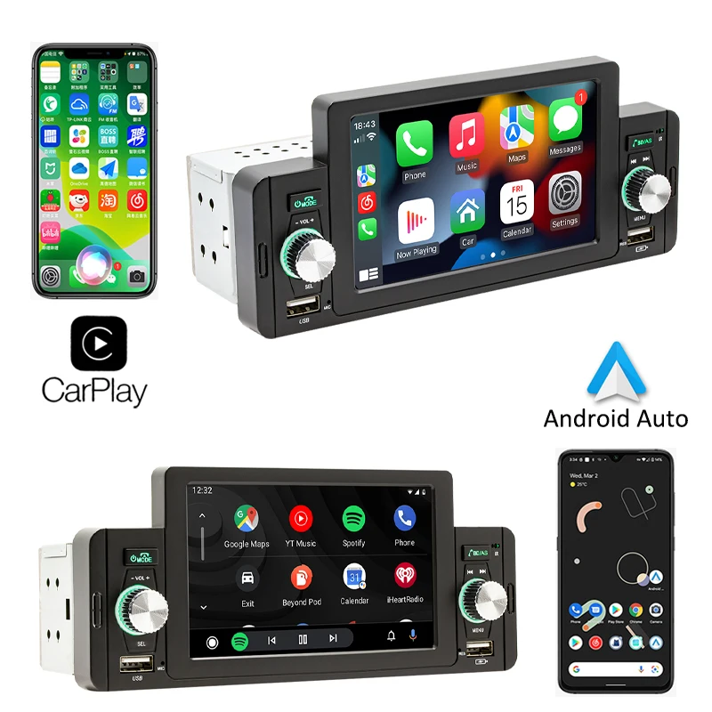 Car Radio, 1 Din CarPlay, Android-Auto, Bluetooth, Multimedia Player,  Handsfree, USB, FM, 5 Inch, Touch Screen, Head Unit, F160C