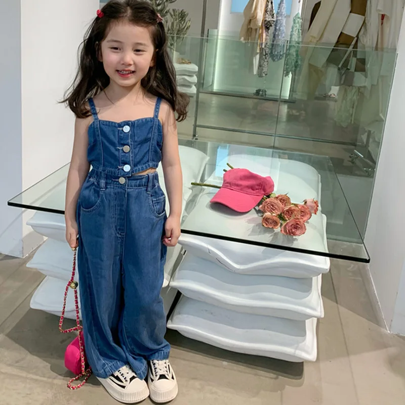 

Summer Fashion Baby Girls Blue Sleeveless Strapes Denim Tops+Loose Jeans Sets Kids 2 Pieces Outfits Children Pant Suits 2-8Years