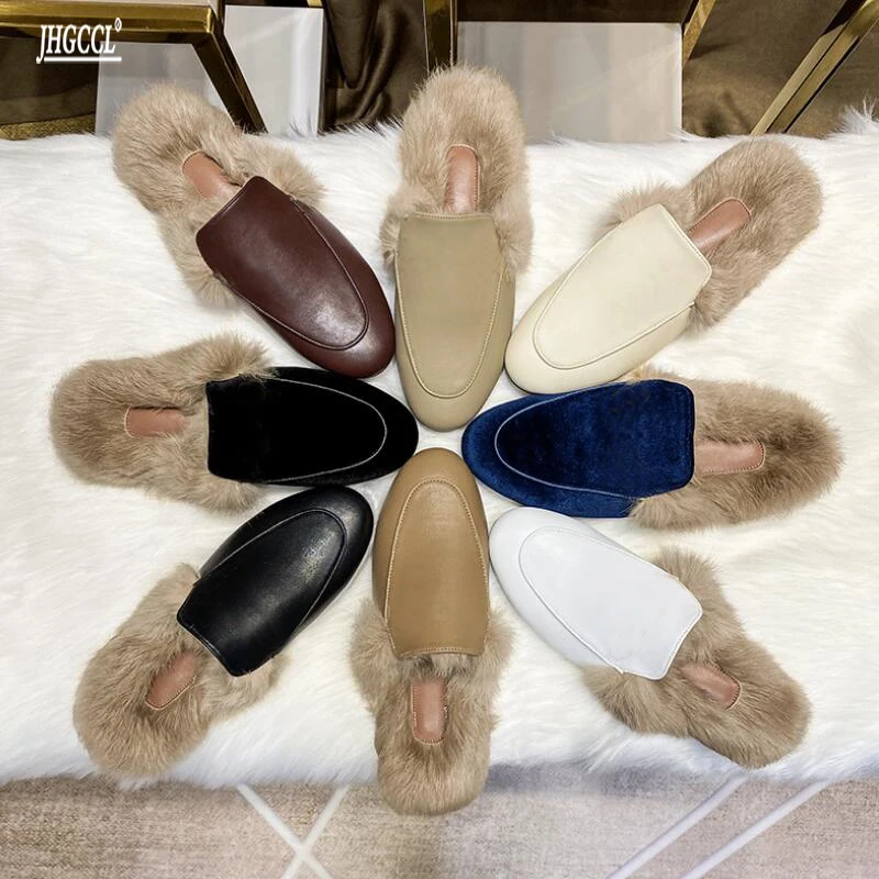 

Designer slippers lady's new fashion coat baotou Muller shoes rabbit hair half slipper casual shoes T15