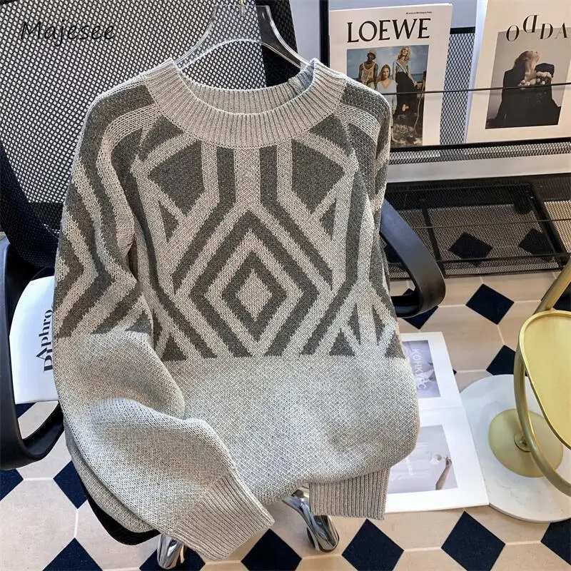 

Loose Sweaters Men Panelled Teenagers Simple Daily All-match Knitwear Autumn Winter Slouchy Fashion Leisure Stretchy