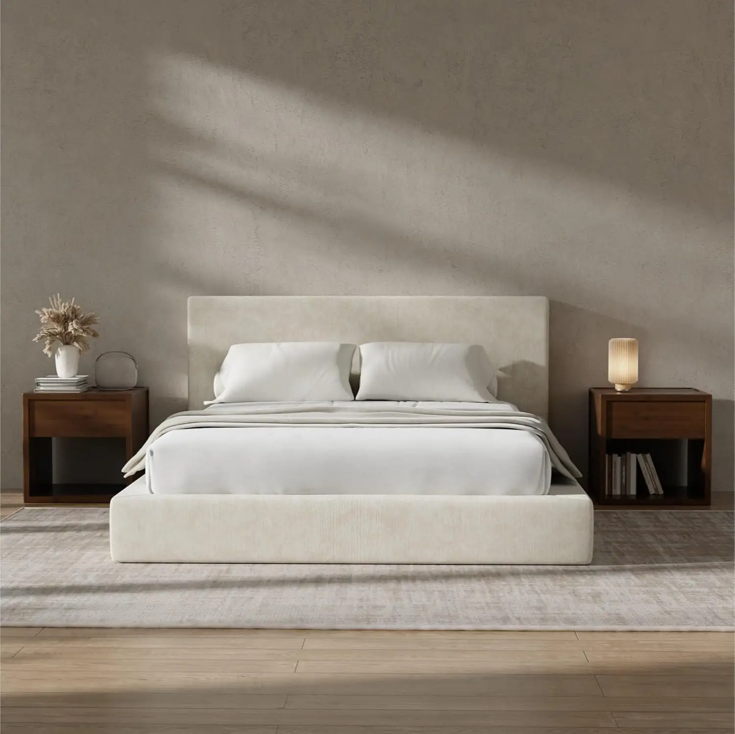 Queen Upholstered Platform Bed Frame With Foam Cushioned Headboard No Box Spring Easy Assembly Beige Chenille, Customized