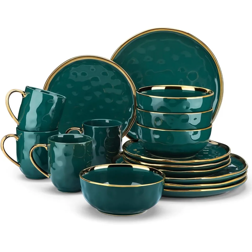 LOVECASA White and Gold Dinnerware Sets, Stoneware Dish Set for 4, 16 Piece Kitchen Plates and Bowls Sets, Handmade Dinner Set