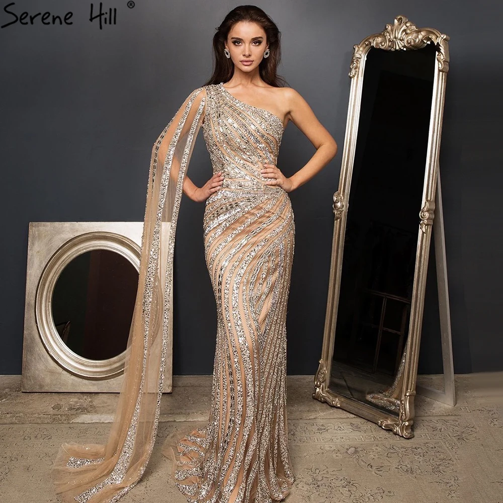 Evening Dresses Women One Shoulder Beaded Mermaid