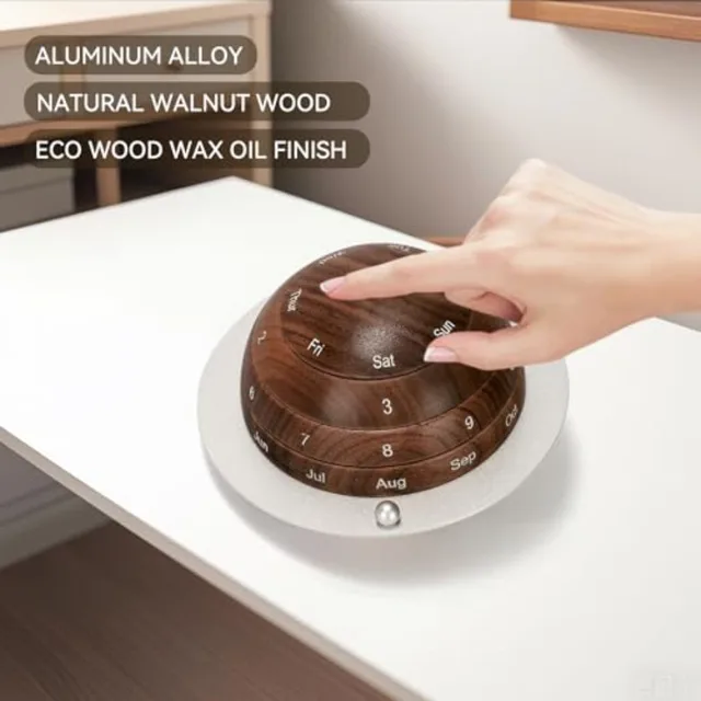 Rotating Wooden Calendar - Walnut Wood Detachable Planetary Desk Calendar, Spherical Perpetual Calendar for Home and Office Dec