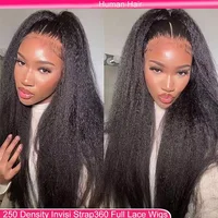 Perruque Lace Frontal Wig naturelle Yaki lisse, cheveux crépus, sans colle, avec sangle Invisible, 360 HD 3