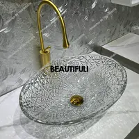 อ่างล้างหน้าคริสตัลแก้วใสสีชมพู B567 อ่างล้างหน้าดีไซน์หรูหราสไตล์ศิลปะ อ่างล้างหน้าทรงรีแบบมีตะแกรงแน่นสำหรับใช้ในบ้าน 6