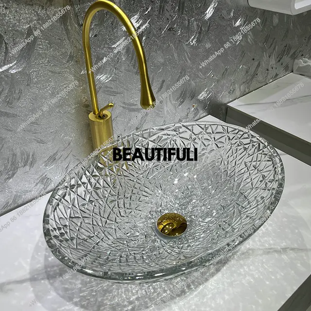 อ่างล้างหน้าคริสตัลแก้วใสสีชมพู B567 อ่างล้างหน้าดีไซน์หรูหราสไตล์ศิลปะ อ่างล้างหน้าทรงรีแบบมีตะแกรงแน่นสำหรับใช้ในบ้าน 6